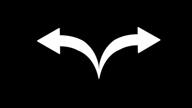 Split path directional arrows animation, two-way choice concept, minimalist white on black background