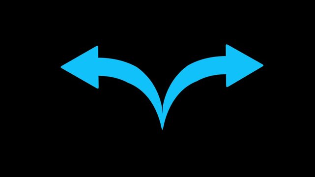 Blue split direction arrows animation on black background, for navigation and, decision making choice