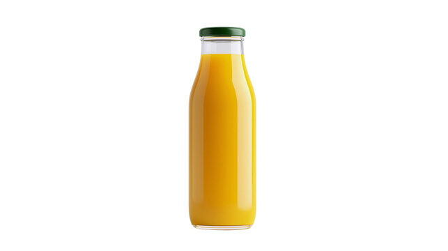 Glass bottle filled with bright orange juice and green cap