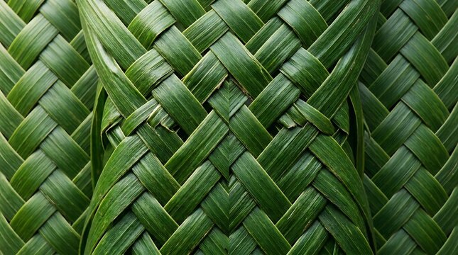 Intricate Green Palm Leaf Weave Pattern in Close Up Natural Texture
