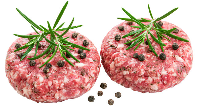Raw beef burger patties seasoned with peppercorns and rosemary sprigs