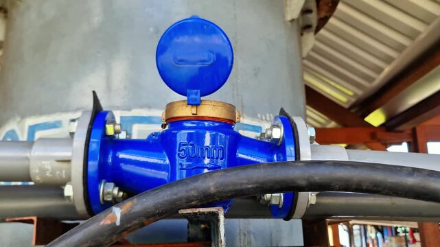 Sidoarjo, Indonesia - 26 June, 2026: Close-up of Blue 50mm (2-inch) Industrial Water Flow Meter with Flange Installation on Commercial Pipeline