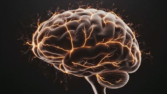 Cinematic Illustration Of A Human Brain Showcasing A Glowing Vascular System In A Dynamic Electrifying Background