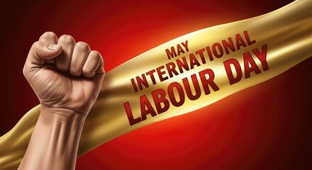 A clenched fist powerfully holds a golden ribbon proclaiming may international labour day against a vibrant red background celebrating workers rights
