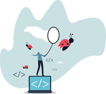 Programming debug search for application software bug and fix code. human life and situation.vector illustration.