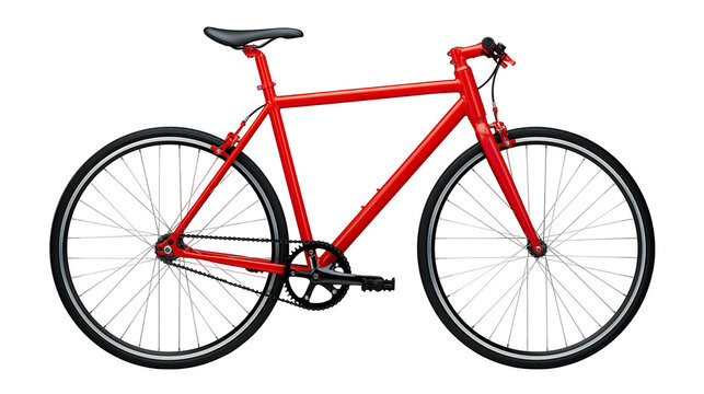 Red fixed gear bicycle with black saddle and pedals