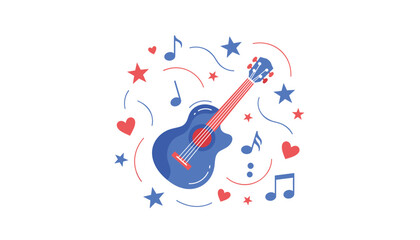 Naklejka premium Blue guitar surrounded by floating musical notes, red hearts, and stars, representing romantic melodies and creative musical performance.