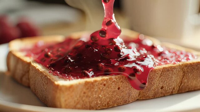 Red berry jam spread on toasted bread slice close up sweet breakfast food preparation
