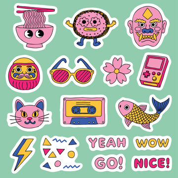 Retro Y2K Pop Japanese Comic Mascot Vector Sticker Pack