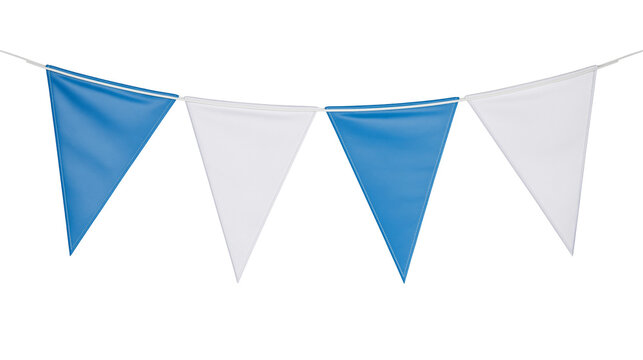 Blue and white triangular bunting flags on string