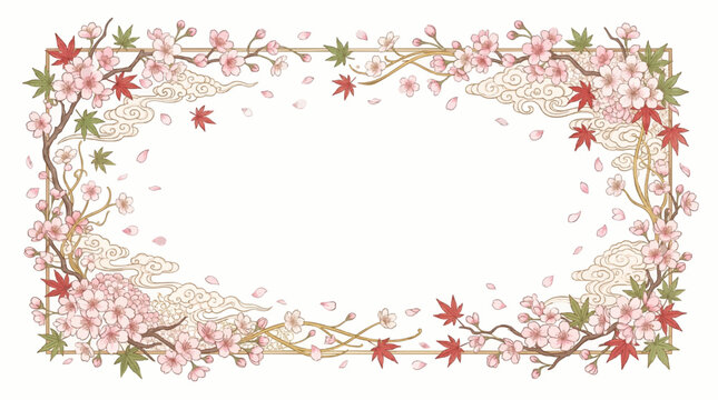 Traditional oriental rectangular border frame decorated with blooming pink cherry blossoms, branches, red maple leaves, and golden line clouds in a clean minimalist style.