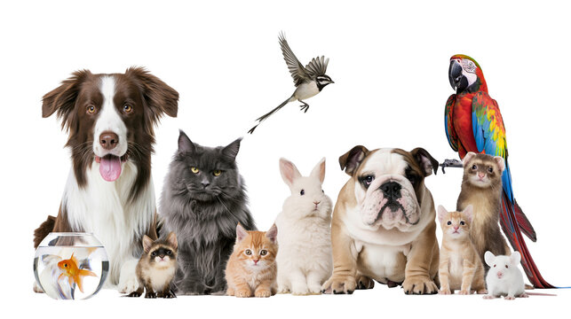 Group of diverse pets including dogs cats rabbit ferret parrot mouse, and goldfish