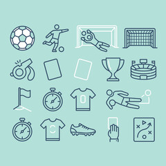 A collection of soccer line icons on a blue background © lala