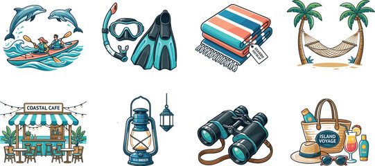 Tropical island resort beach vacation leisure activities and coastal cruise tourism luxury travel infrastructure elements vector illustration set © Apu