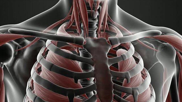Close-Up CGI Visualization Of The Human Rib Cage And Intercostal Muscles Highlighting Anatomical Details For Medical Use