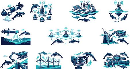 Underwater Marine Technology and Ocean Monitoring Vector Icon Set Featuring Submarines Robotic ROVs Buoy Networks Wind Turbines and Research Stations with Dolphins © Apu