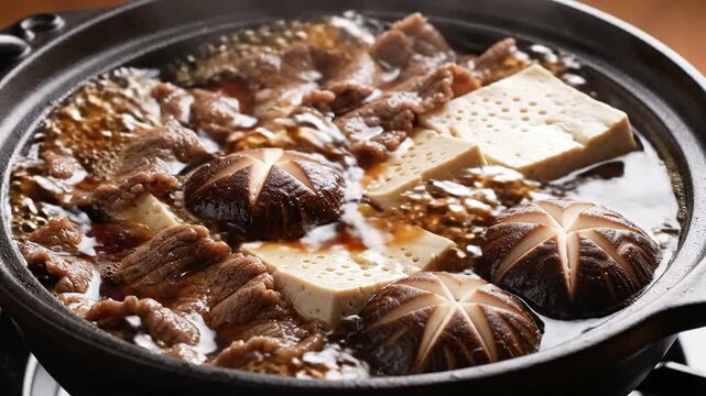 Close-Up Macro Shot of A Simmering Sukiyaki Pot with Tender Beef, Tofu, and Shiitake Mushrooms, Showcasing Culinary Delight and Traditional Japanese Cuisine