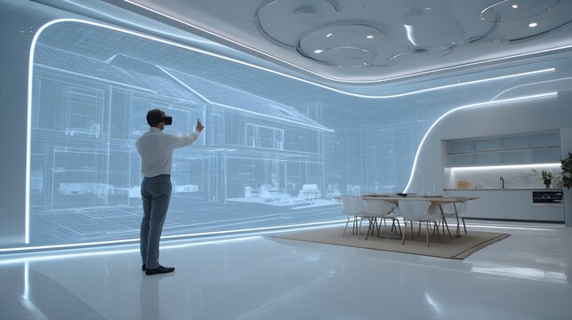 Wide composition of a high tech presentation room where a presenter uses gesture controls to manipulate a floating 3D home design, client immersed in VR experience, smooth lighting gradients