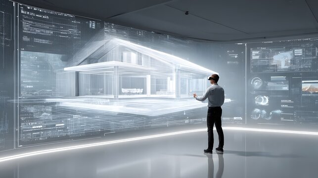 Wide composition of a high tech presentation room where a presenter uses gesture controls to manipulate a floating 3D home design, client immersed in VR experience, smooth lighting gradients