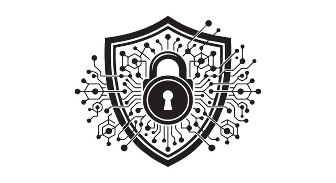 cybersecurity shield with lock and digital network nodes, premium minimalist style, isolated on white background