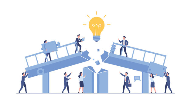 Team works together to connect broken bridge sections towards a glowing lightbulb to represent finding creative solutions and innovation.