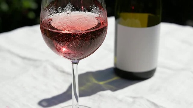 Close-Up Of A Glass Of Ros? Wine With Bubbles On A Bright White Linen Tablecloth Outdoors Next To An Unlabeled Bottle