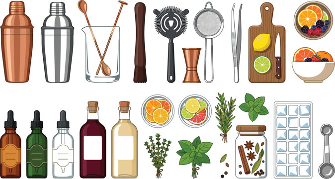 Professional Cocktail Bartender Tools and Mixology Vector Icon Set Featuring Shakers Hawthorne Strainer Jigger Bitters Dropper Bottles Citrus Fruits Herbs and Ice Tray