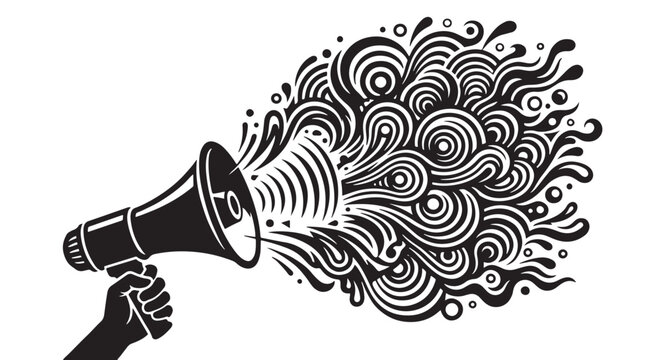 Hand with megaphone producing abstract wave explosion pattern, high-impact communication symbol, premium silhouette vector illustration, isolated white background