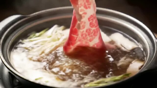 Close-Up Of A Shabu-Shabu Pot With Simmering Dashi Broth And Thin Slice Of Meat Being Dipped In A Traditional Japanese Dish