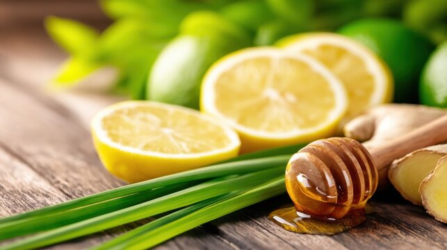 Fresh limes, sliced lemons, and ginger roots with honey drizzled on a rustic wooden surface