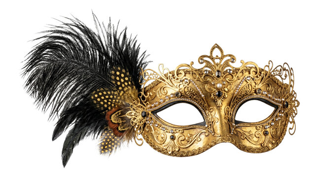 A gold venetian masquerade mask adorned with black feathers, beads, and gems, featuring intricate details.