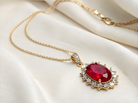 Elegant gold necklace with sparkling ruby pendant for luxury jewelry and gift marketing.