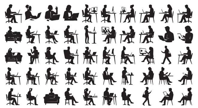 unique professional poses using laptops, smartphones, virtual meetings, black and white premium vector set, isolated white background