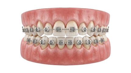 Detailed model of human teeth with braces on both upper and lower jaws isolated on transparent background. © Png ProTeam