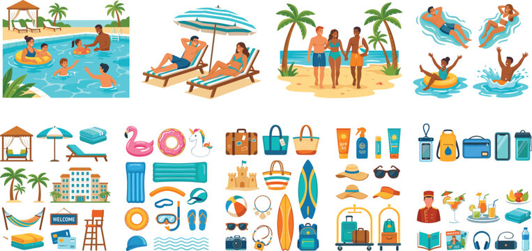 Summer Beach Resort Vacation Vector Icon Set Featuring People Swimming in Pool Sunbathing on Loungers Surfboards Luggage and Tropical Hotel Accessories