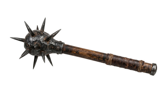 Medieval spiky mace weapon with rustic wooden handle isolated on transparent background.