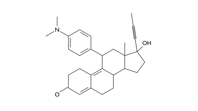mifepristone molecule, structural chemical formula, ball-and-stick model, isolated image progesterone receptor antagonist