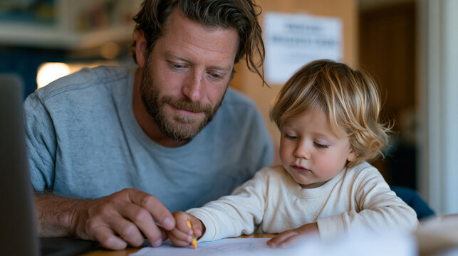 Father on a video call for work while simultaneously reaching across the table to redirect his toddler's crayon, home office chaos, daycare closed notice visible in the