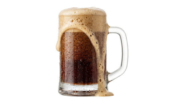 Mug of frothy dark root beer overflowing with foam refreshing bubbly beverage drink.