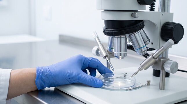 Embryologist handling petri dish under microscope with micromanipulators, IVF laboratory procedure for embryo culture and assisted reproduction.