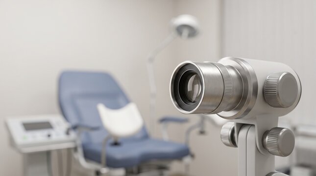 Close-up colposcope in gynecology exam room with examination chair blurred, women&rsquo;s health diagnostic equipment for cervical screening.