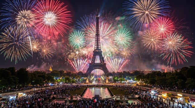 illustration of spectacular colorful fireworks exploding over the Eiffel Tower in Paris during Bastille Day celebration