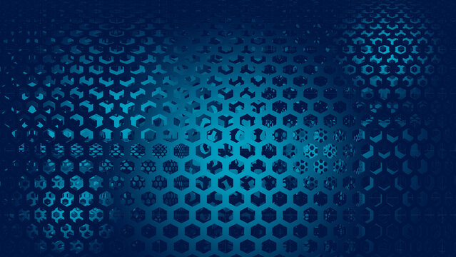 Abstract dark blue honeycomb grid background with spherical spotlight