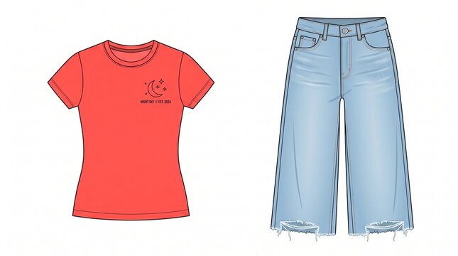 Coral T Shirt with Moon and Stars Graphic and Light Wash Distressed Denim Culottes