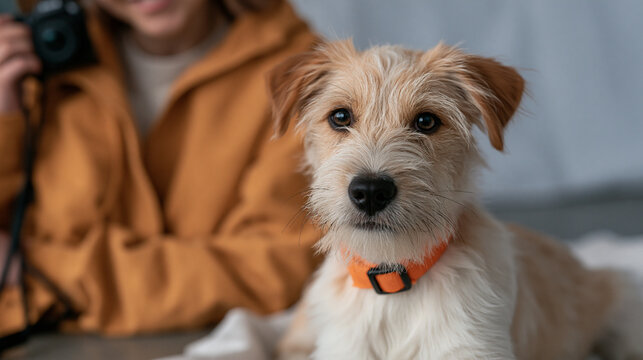 Shelter volunteer photographs small rescue dog posed on standardized backdrop inside adoption photo station to create compelling adoption listing content as marketing coordinator