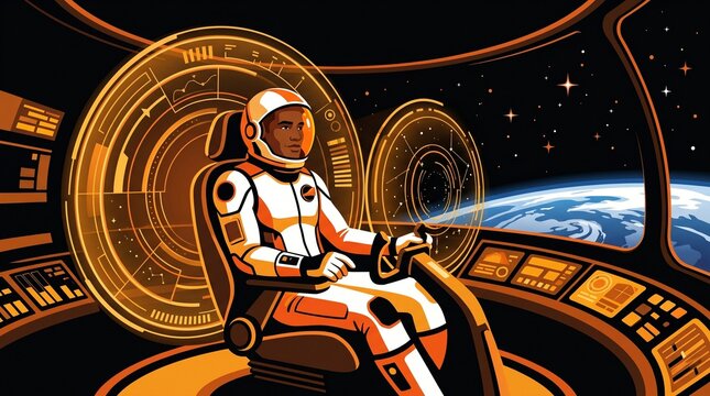 Astronaut piloting spaceship cockpit with holographic displays and Earth view