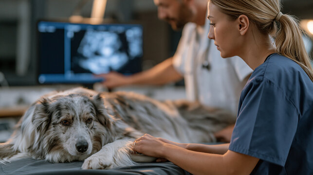 Veterinary sonographer presses ultrasound transducer against sedated border collie abdomen reviewing abdominal organ imagery on monitor screen in darkened diagnostic imaging suite