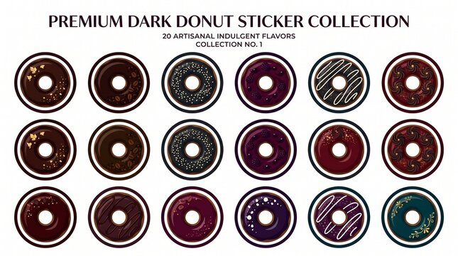 Collection of 20 premium dark chocolate artisanal donut stickers with various indulgent flavors and toppings