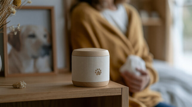 Small pet cremation urn engraved with paw print rests on wooden memorial shelf beside framed dog portrait and dried flowers inside quiet funeral home bereavement room as grieving