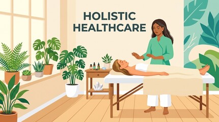 Fototapeta premium Holistic Healthcare Session with Therapist and Patient in a Serene Room with Plants